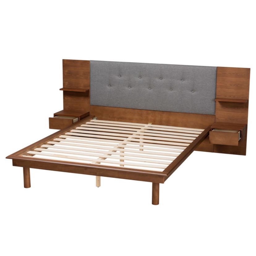 Eliana Mid-Century Modern Transitional Grey Fabric and Ash Walnut Finished Wood King Size Platform Storage Bed with Built-In Nightstands