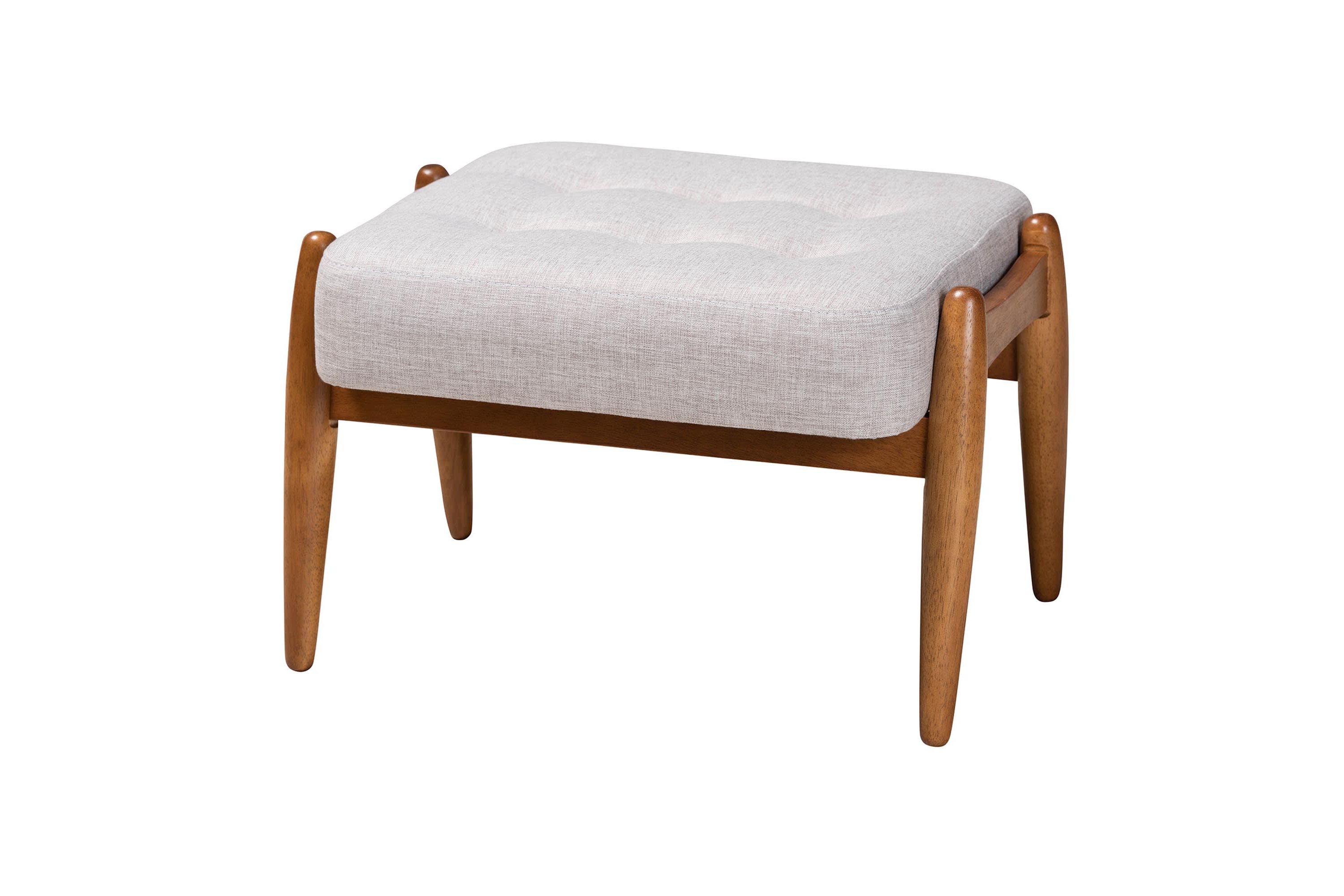 Jeanine Japandi Cream Boucle Fabric and Walnut Brown Finished Rubberwood Ottoman Footstool