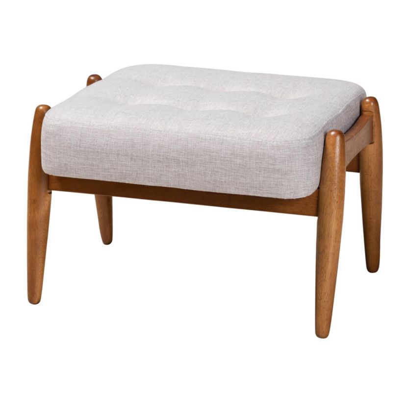 Jeanine Japandi Cream Boucle Fabric and Walnut Brown Finished Rubberwood Ottoman Footstool