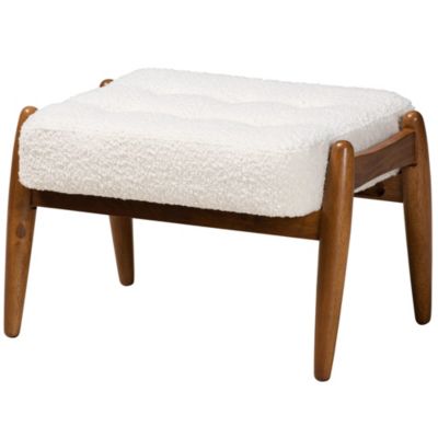 Baxton Studio Jeanine Japandi Cream Boucle Fabric and Walnut Brown Finished Rubberwood Ottoman Footstool, White