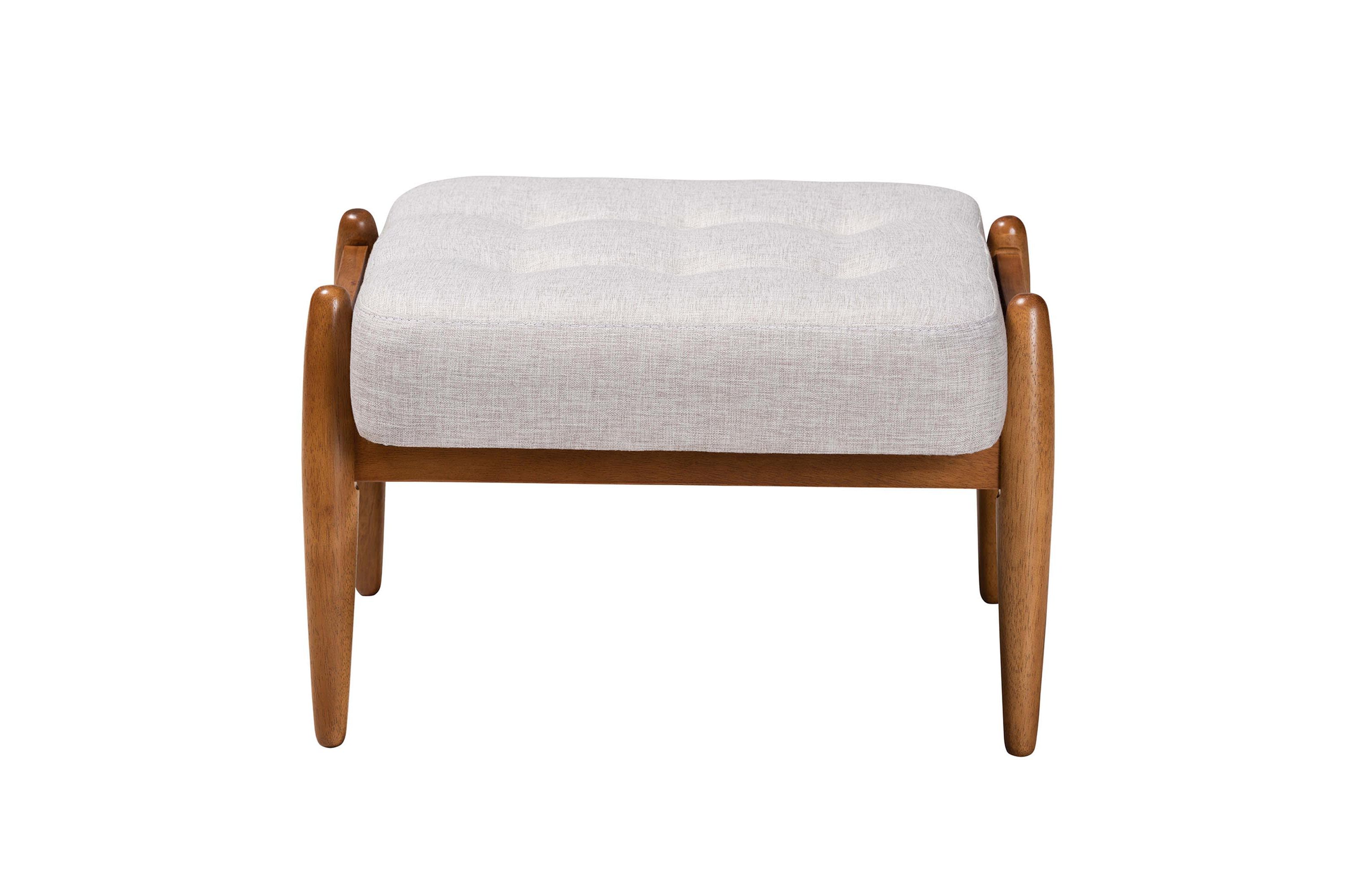 Jeanine Japandi Cream Boucle Fabric and Walnut Brown Finished Rubberwood Ottoman Footstool