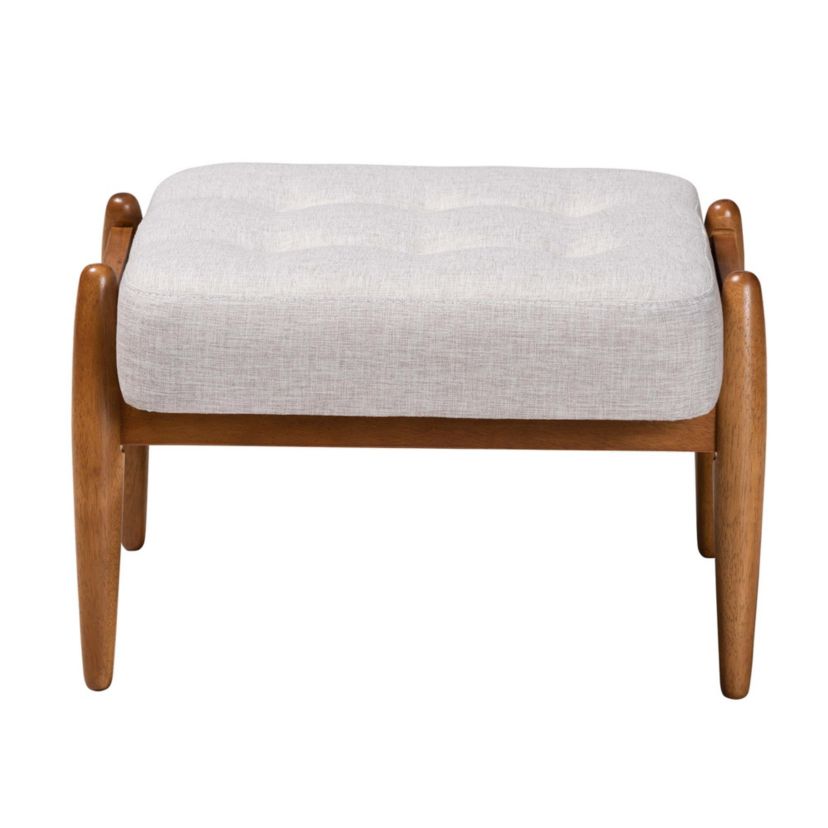 Jeanine Japandi Cream Boucle Fabric and Walnut Brown Finished Rubberwood Ottoman Footstool