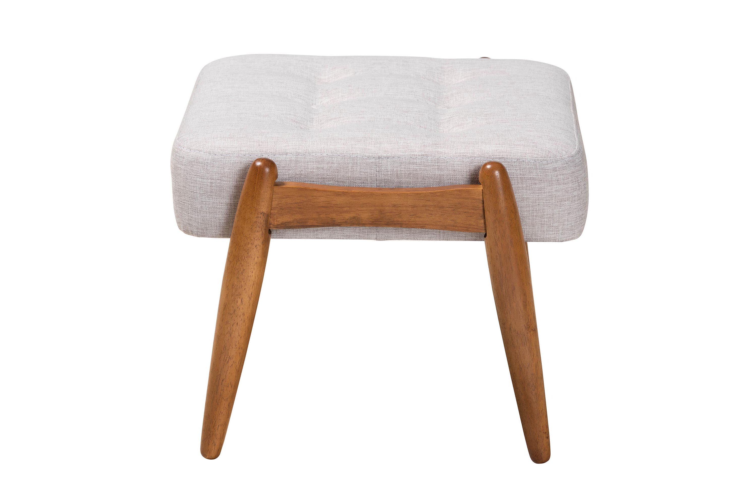 Jeanine Japandi Cream Boucle Fabric and Walnut Brown Finished Rubberwood Ottoman Footstool