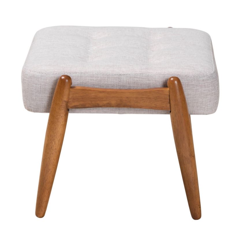 Jeanine Japandi Cream Boucle Fabric and Walnut Brown Finished Rubberwood Ottoman Footstool