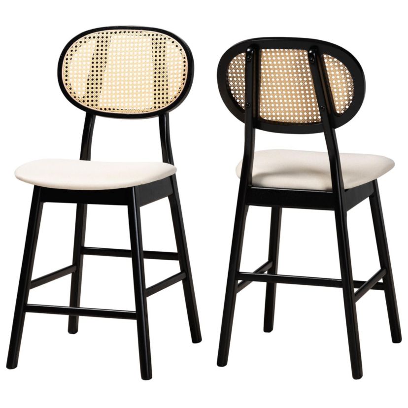Darrion Mid-Century Modern Cream Fabric and Black Finished Wood 2-Piece Counter Stool Set