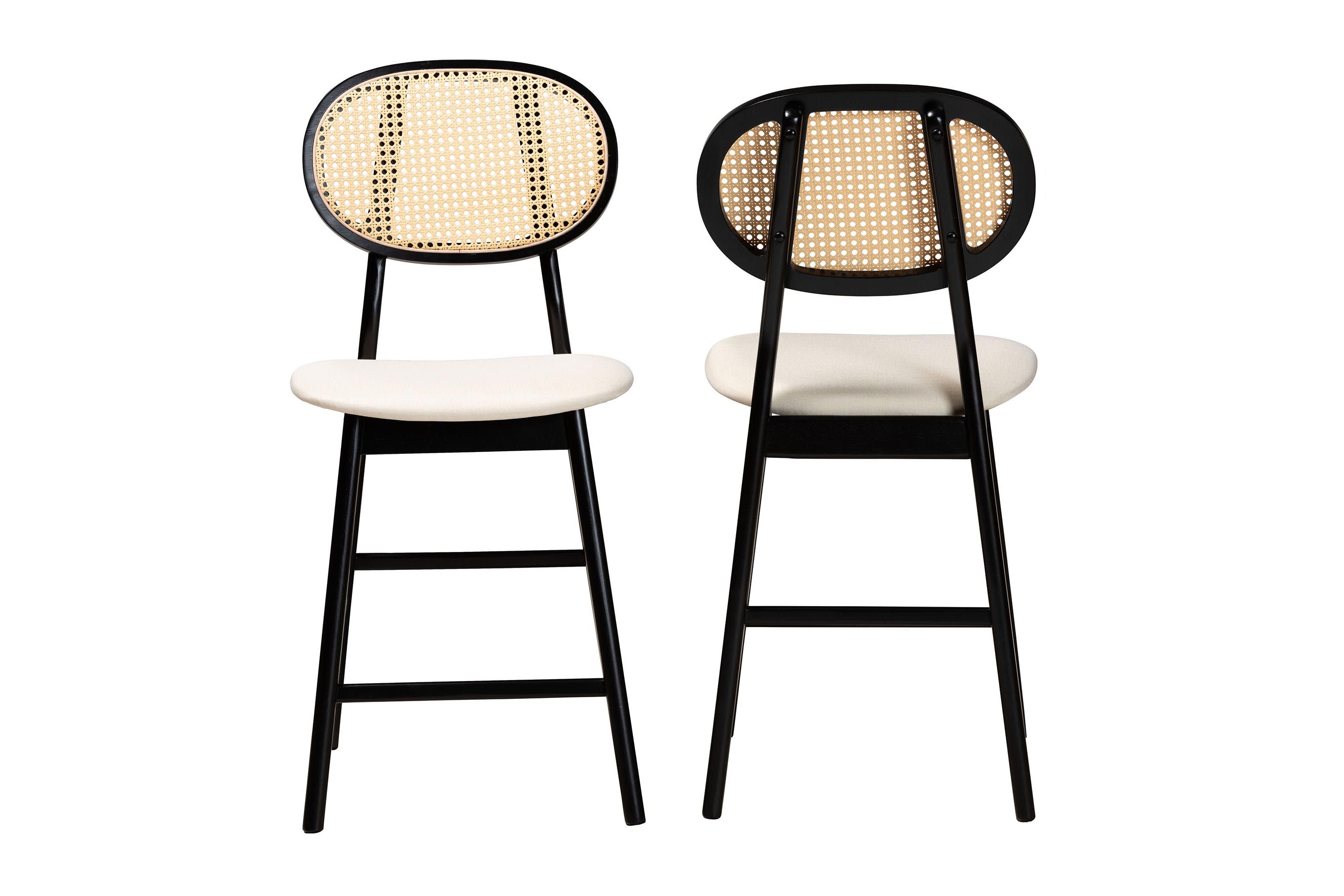 Darrion Mid-Century Modern Cream Fabric and Black Finished Wood 2-Piece Counter Stool Set