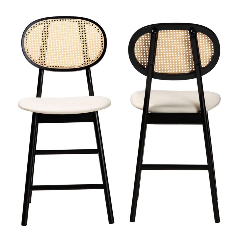 Darrion Mid-Century Modern Cream Fabric and Black Finished Wood 2-Piece Counter Stool Set