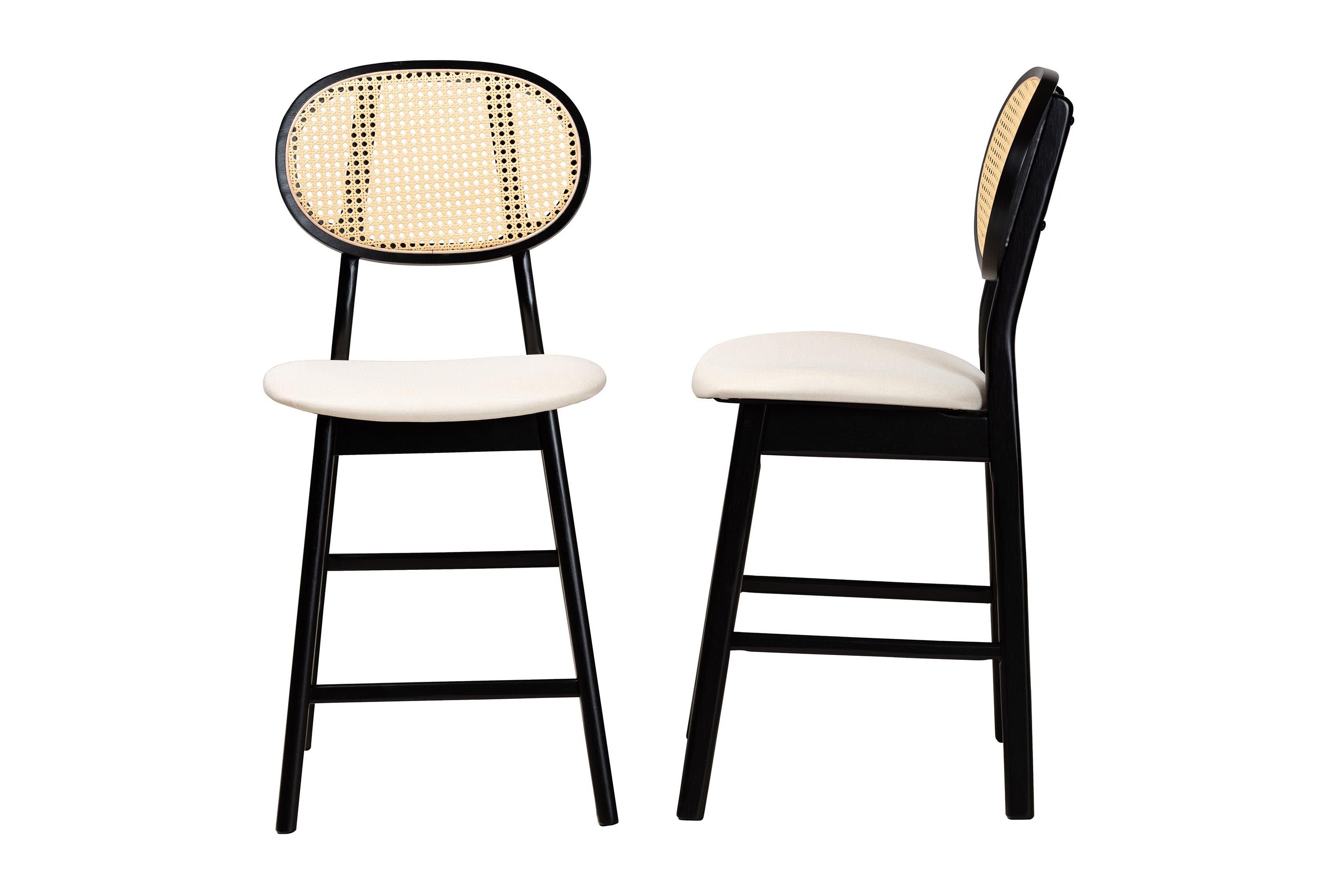 Darrion Mid-Century Modern Cream Fabric and Black Finished Wood 2-Piece Counter Stool Set