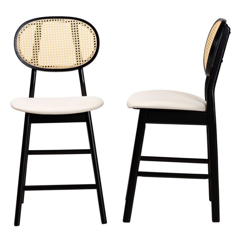 Darrion Mid-Century Modern Cream Fabric and Black Finished Wood 2-Piece Counter Stool Set