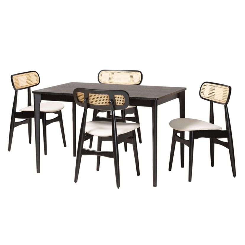 Tarana Mid-Century Modern Cream Fabric and Black Finished Wood 5-Piece Dining Set