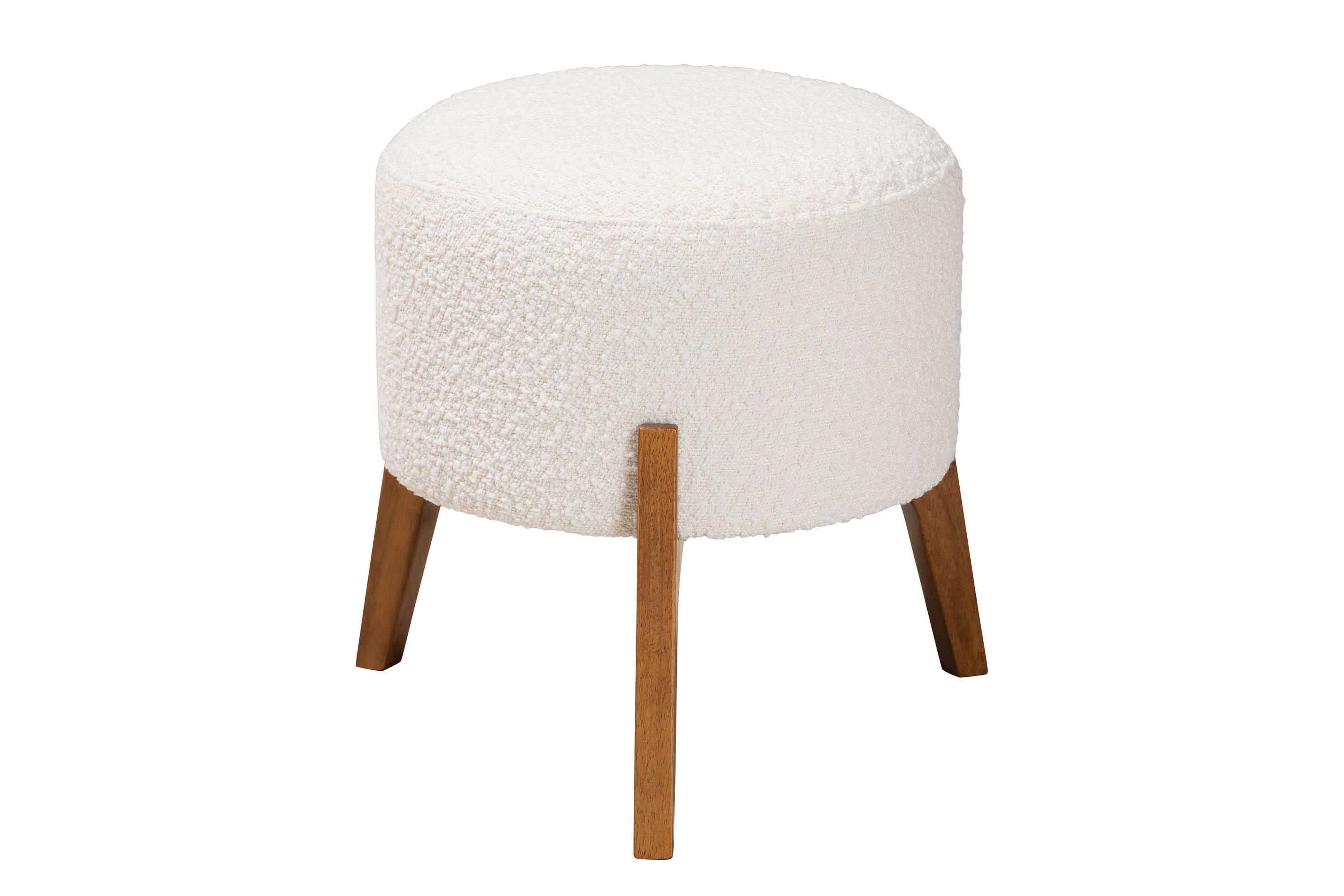 Elkie Japandi Cream Boucle Fabric and Walnut Brown Finished Wood Ottoman Footstool