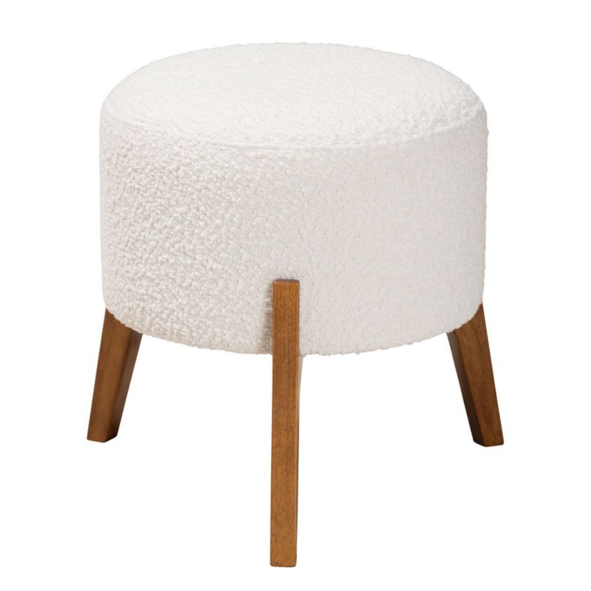 Elkie Japandi Cream Boucle Fabric and Walnut Brown Finished Wood Ottoman Footstool