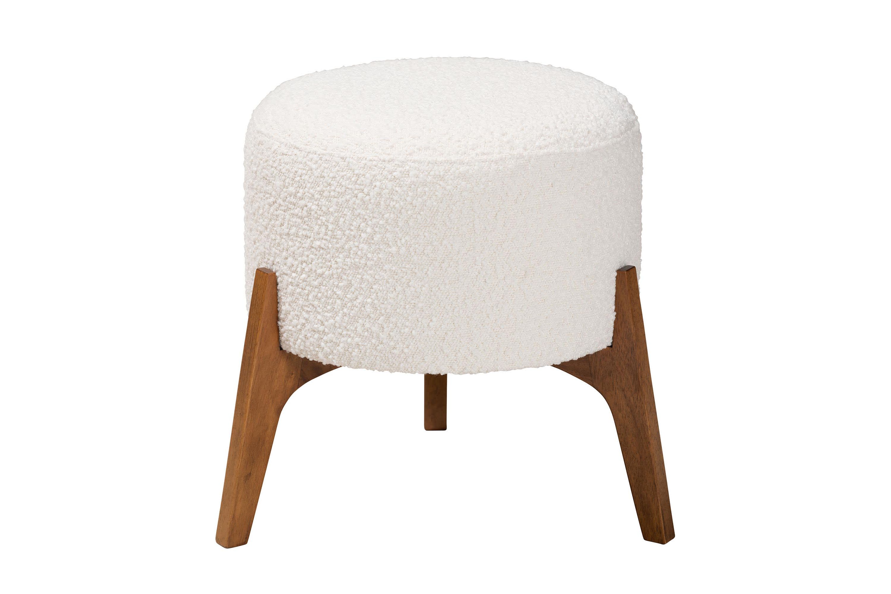 Elkie Japandi Cream Boucle Fabric and Walnut Brown Finished Wood Ottoman Footstool