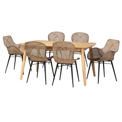 Baxton Studio Emmali Modern Bohemian Greywashed Rattan and Natural Brown Finished Wood 7-Piece Dining Set