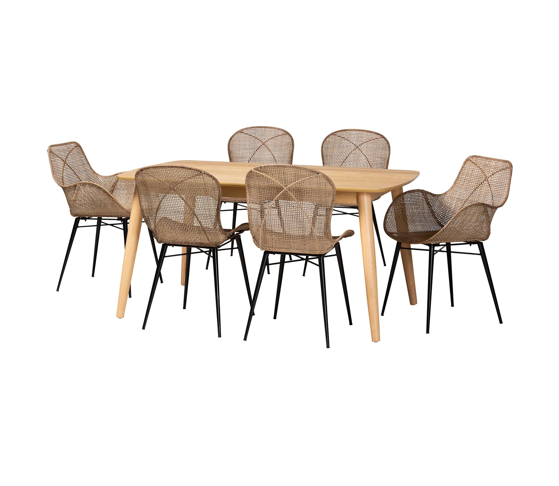 Emmali Modern Bohemian Greywashed Rattan and Natural Brown Finished Wood 7-Piece Dining Set