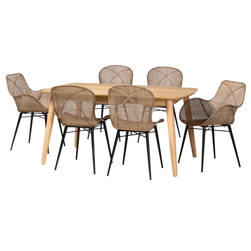 Emmali Modern Bohemian Greywashed Rattan and Natural Brown Finished Wood 7-Piece Dining Set