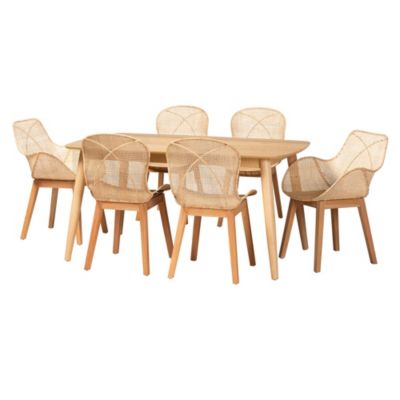 Baxton Studio Emmali Modern Bohemian Greywashed Rattan and Natural Brown Finished Wood 7-Piece Dining Set