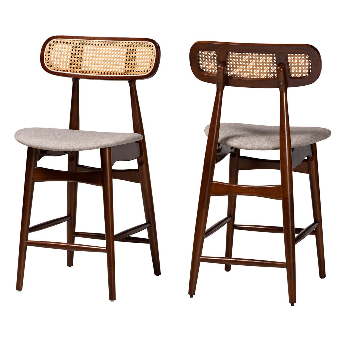 Tarana Mid-Century Modern Grey Fabric and Walnut Brown Finished Wood 2-Piece Counter Stool Set