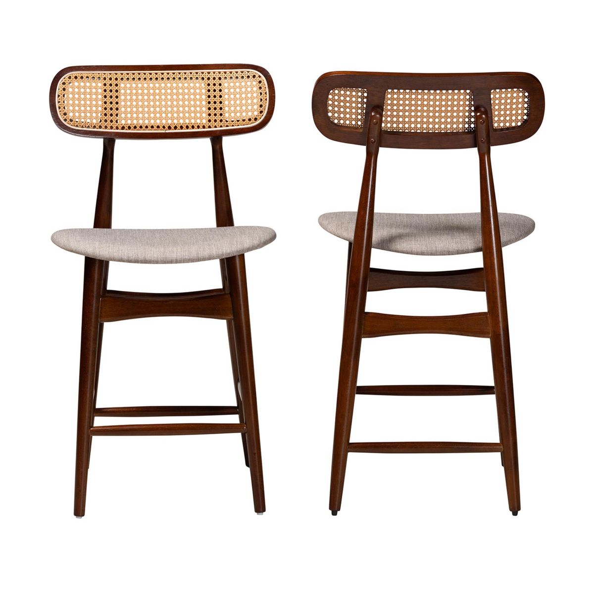 Tarana Mid-Century Modern Grey Fabric and Walnut Brown Finished Wood 2-Piece Counter Stool Set