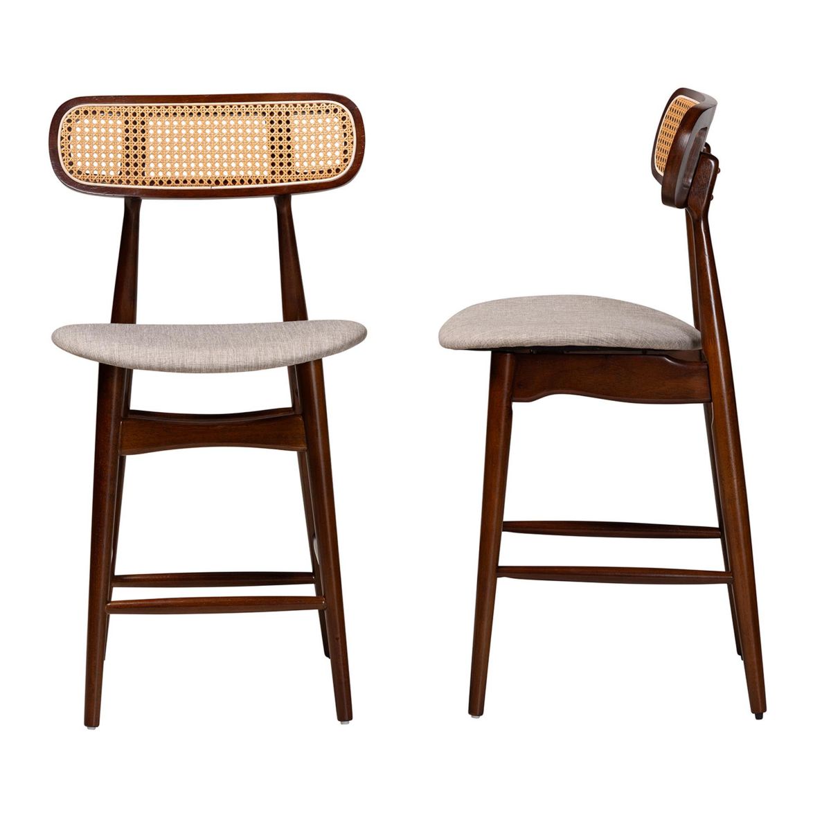 Tarana Mid-Century Modern Grey Fabric and Walnut Brown Finished Wood 2-Piece Counter Stool Set