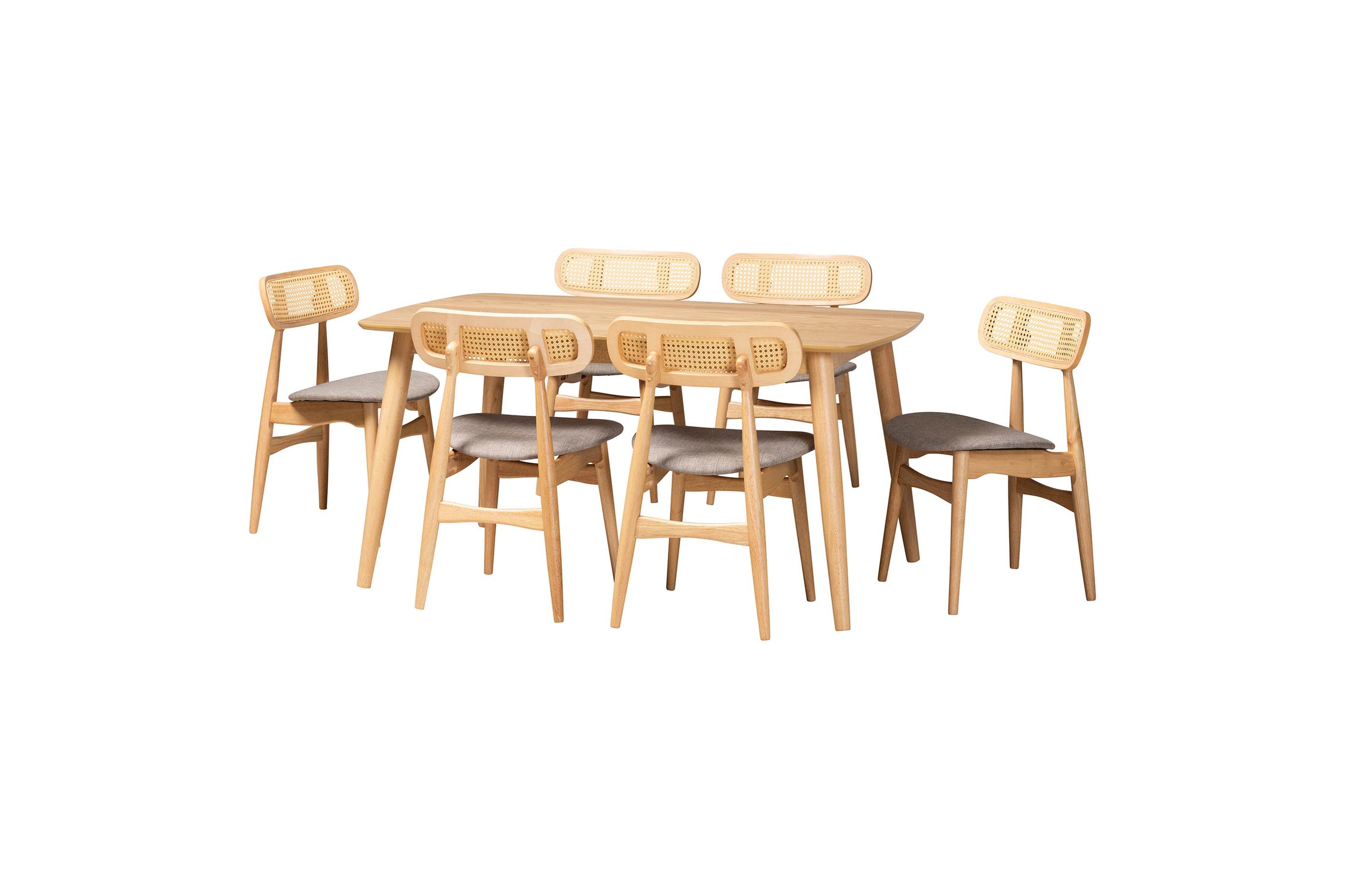 Tarana Mid-Century Modern Grey Fabric and Walnut Brown Finished Wood 7-Piece Dining Set