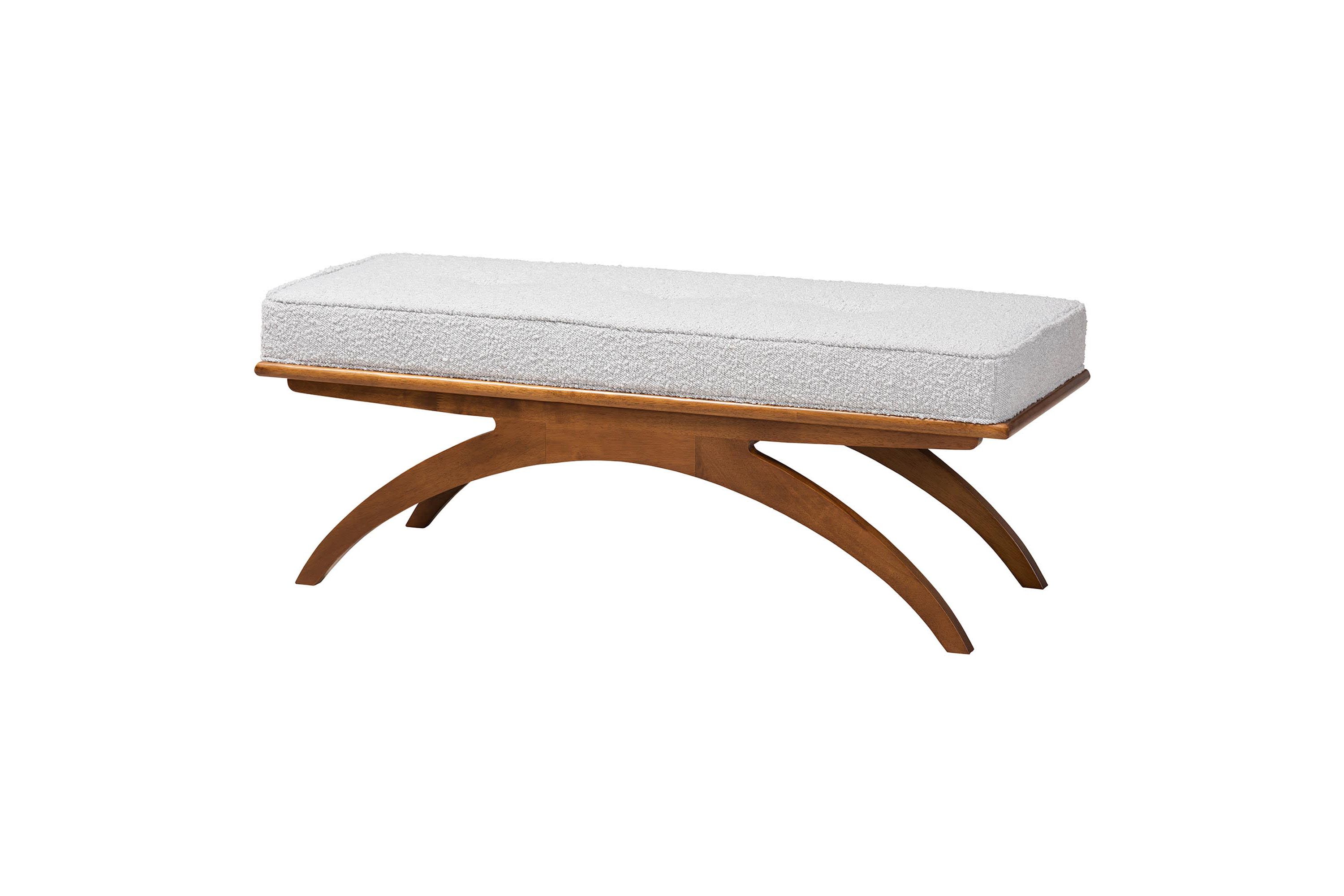 Orella Japandi Light Grey Boucle Fabric and Walnut Brown Finished Wood Bench