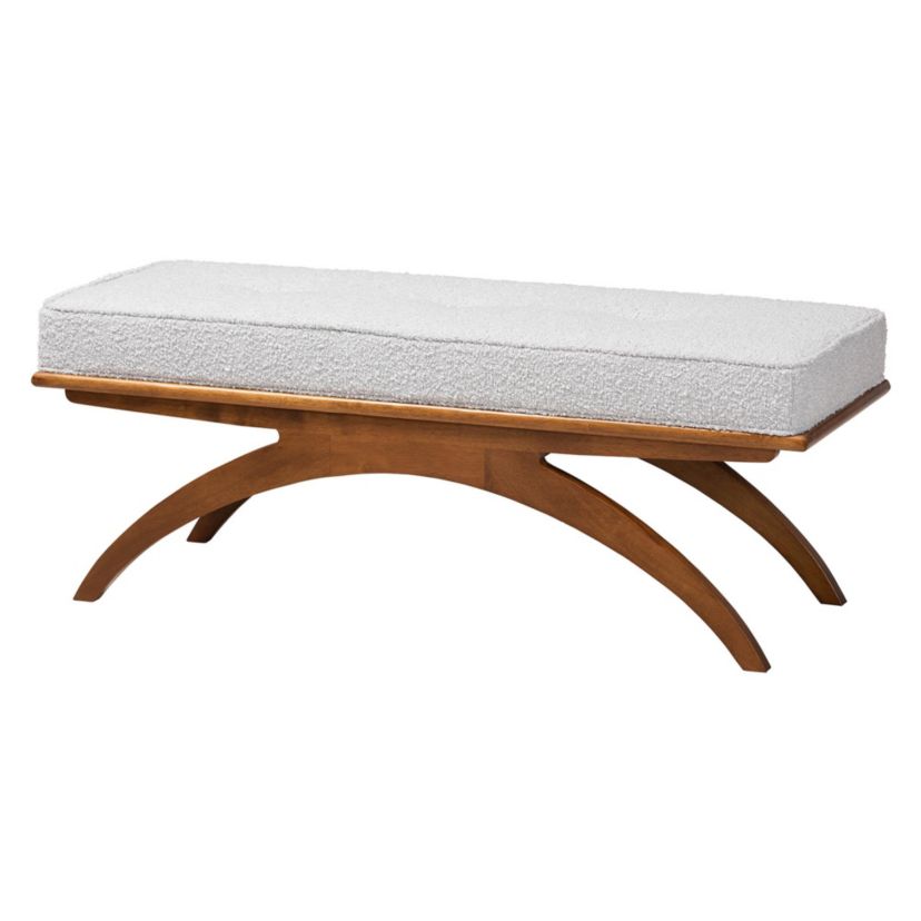 Orella Japandi Light Grey Boucle Fabric and Walnut Brown Finished Wood Bench