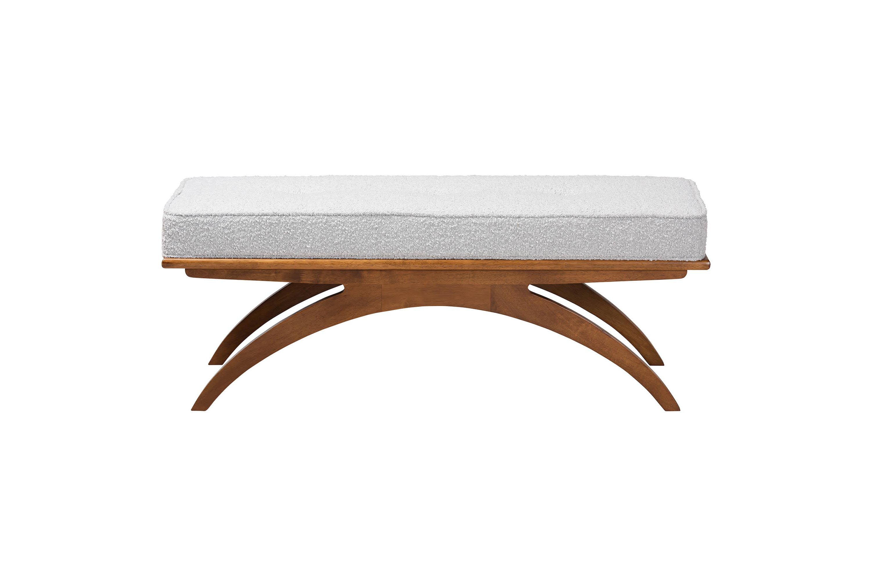 Orella Japandi Light Grey Boucle Fabric and Walnut Brown Finished Wood Bench
