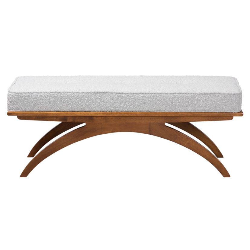 Orella Japandi Light Grey Boucle Fabric and Walnut Brown Finished Wood Bench