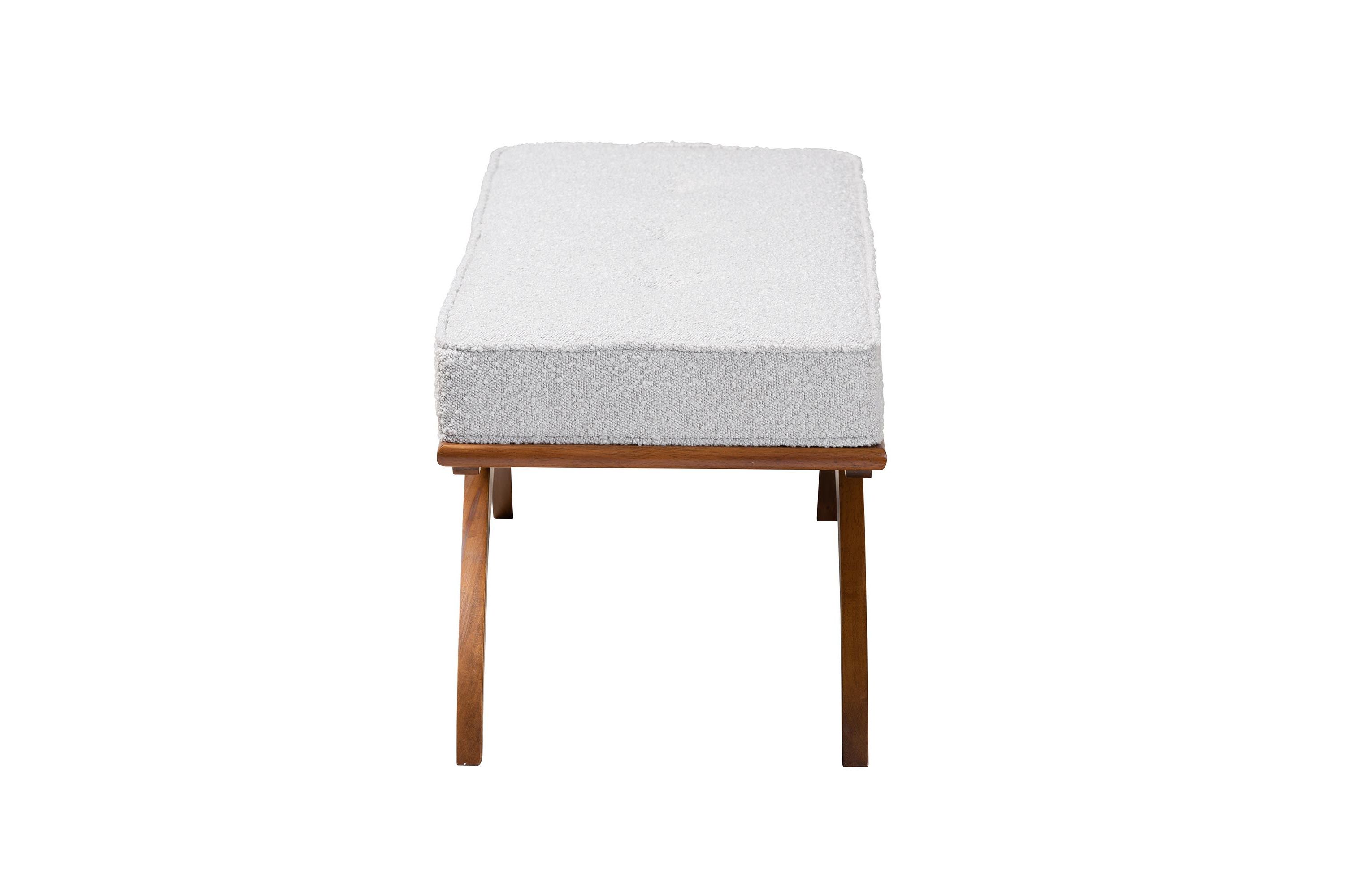 Orella Japandi Light Grey Boucle Fabric and Walnut Brown Finished Wood Bench