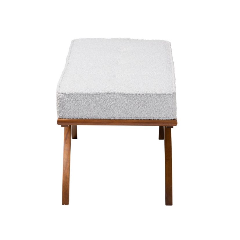 Orella Japandi Light Grey Boucle Fabric and Walnut Brown Finished Wood Bench