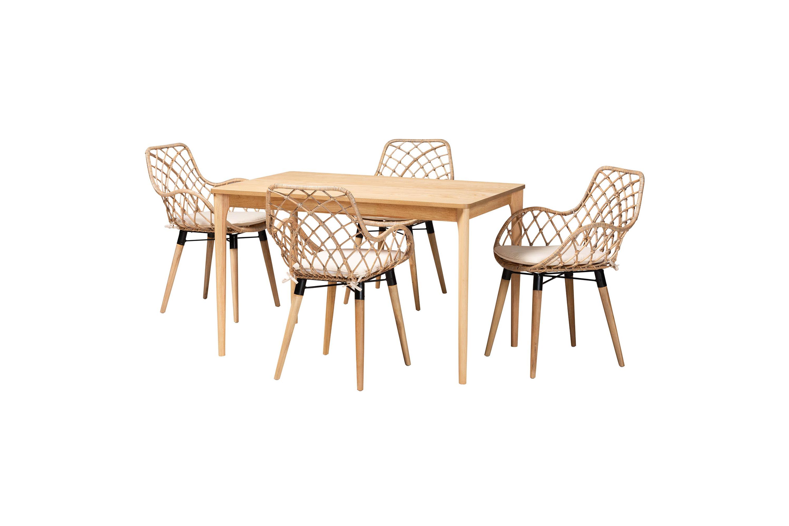 Ballerina Modern Bohemian Black Finished Wood and Rattan 5-Piece Dining Set