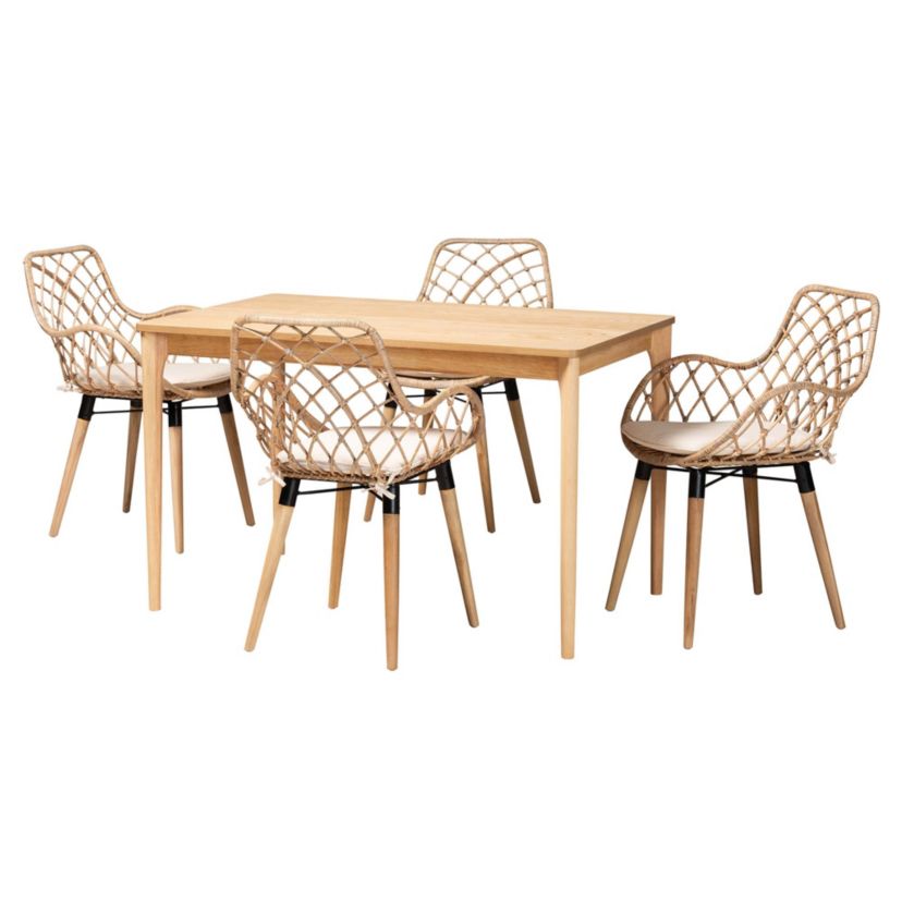 Ballerina Modern Bohemian Black Finished Wood and Rattan 5-Piece Dining Set
