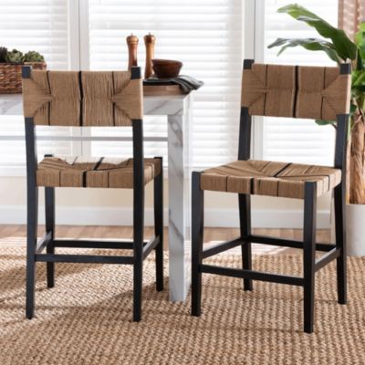 bali & pari Prita Paper Loom and Natural Mahogany Wood 2-Piece Counter Stool Set, Brown