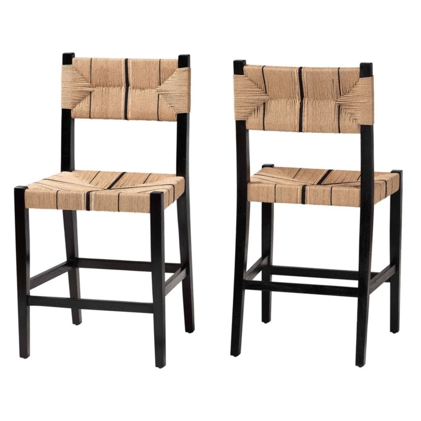 Prita Paper Loom and Natural Mahogany Wood 2-Piece Counter Stool Set