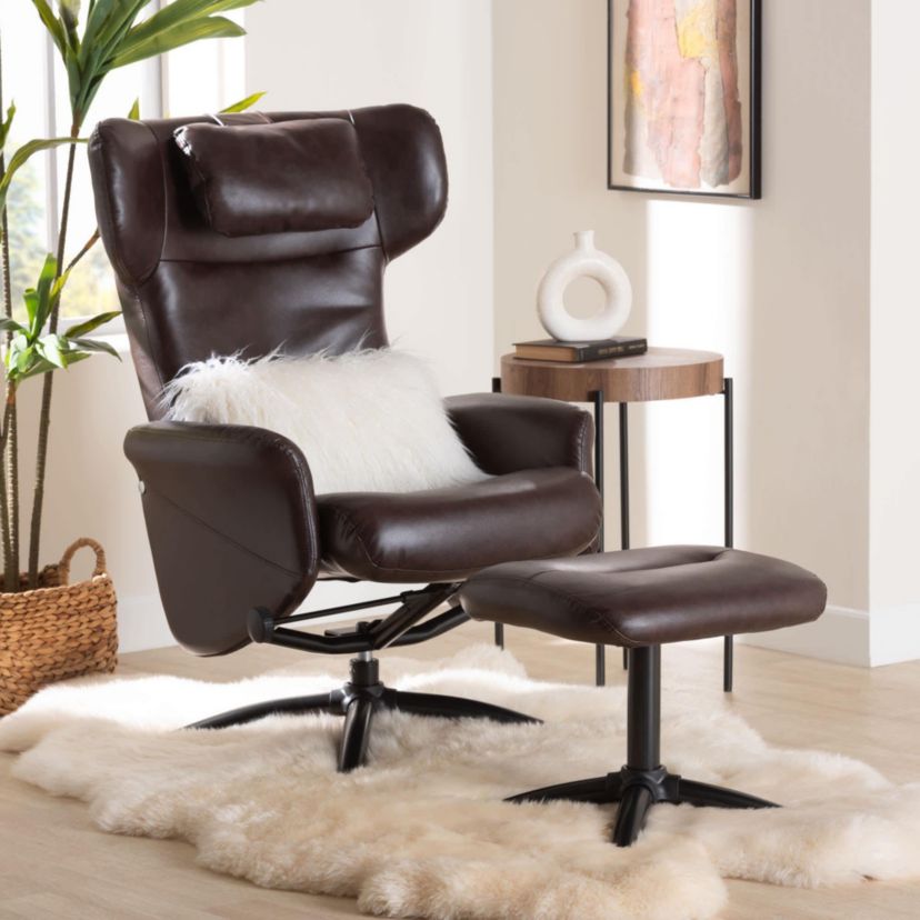 Elwood Brown Faux Leather 2-Piece Lounge Chair and Footrest Set