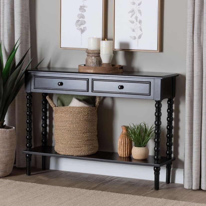 Malinda White Wood 2-Drawer Console Table with Spindle Legs