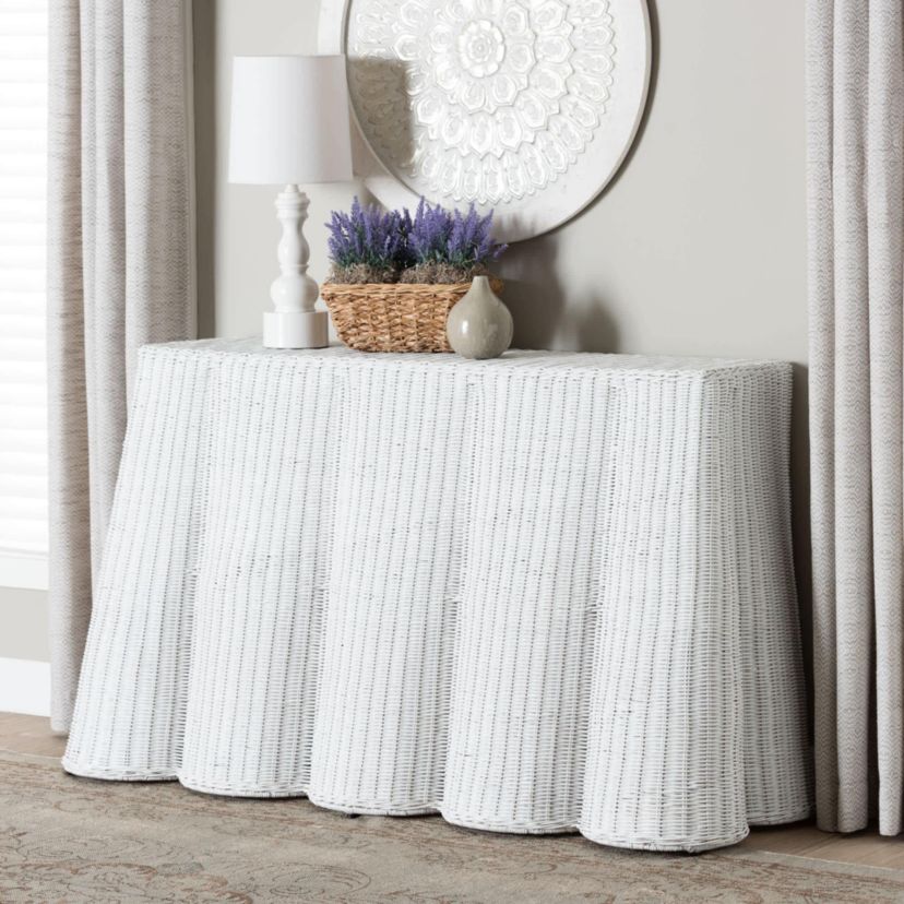 Palm White Scallop Rattan Console Table