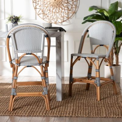bali & pari Genica Black and White Weaving and Natural Rattan 2-Piece Counter Stool Set, Navy Blue