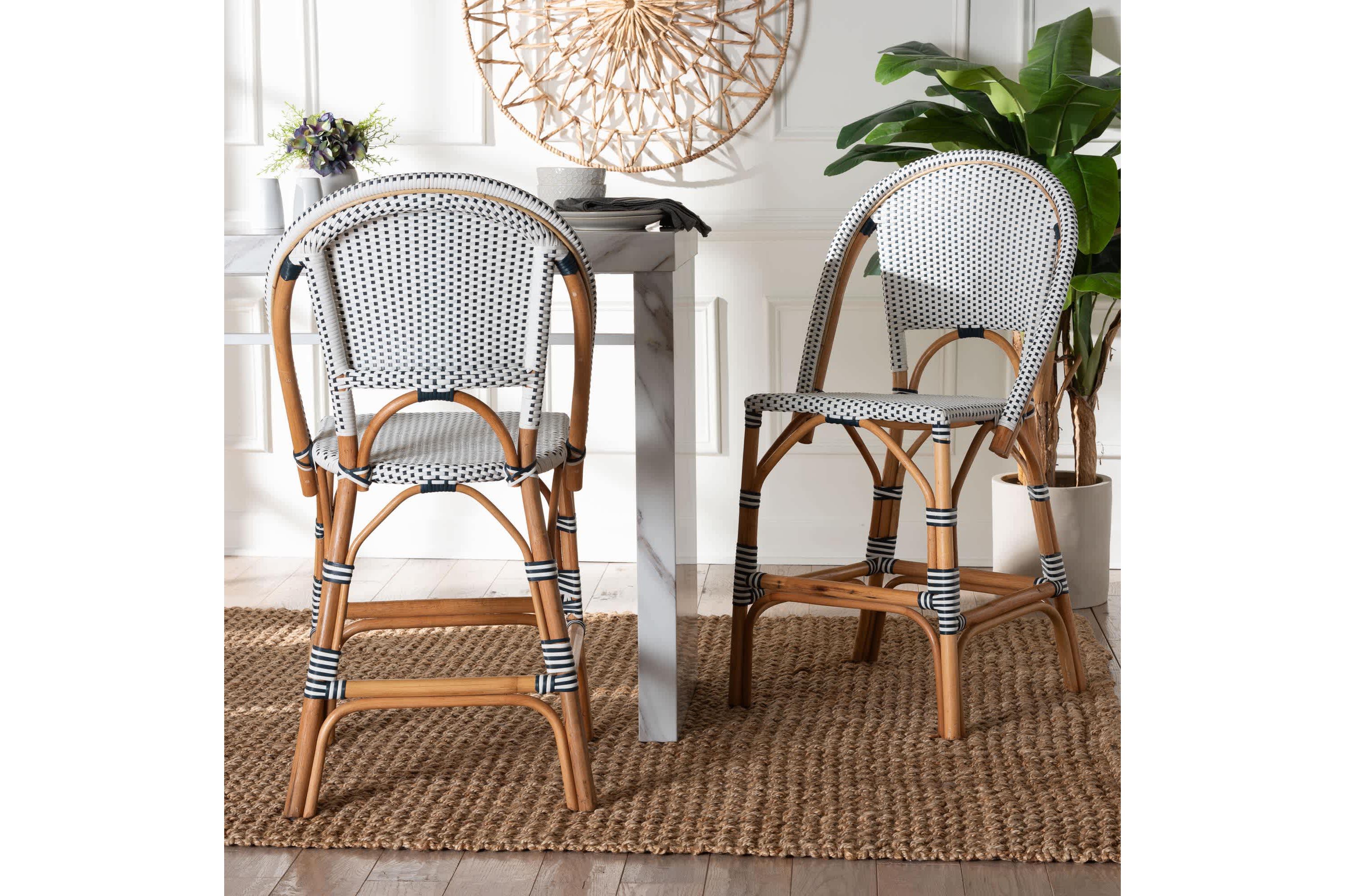 Genica Black and White Weaving and Natural Rattan 2-Piece Counter Stool Set