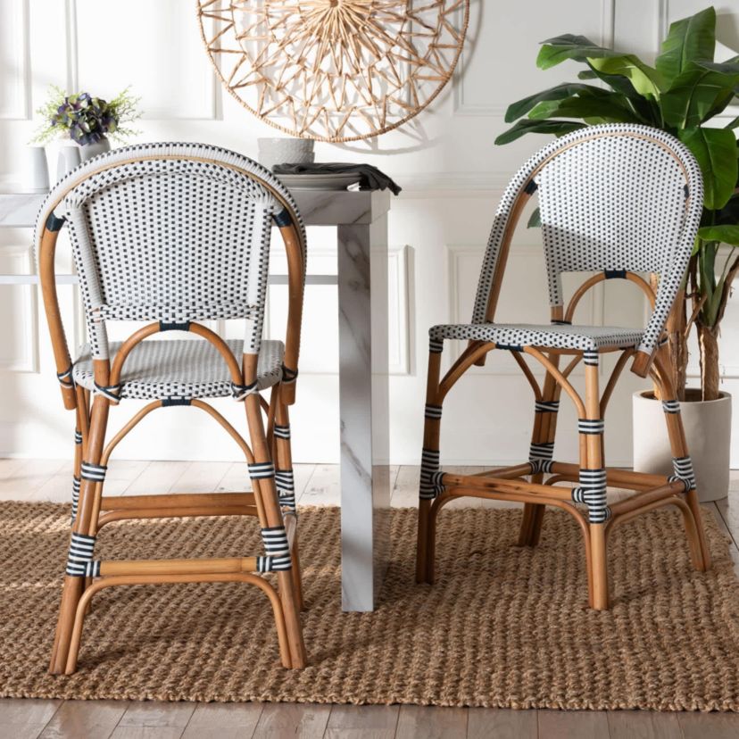 Genica Black and White Weaving and Natural Rattan 2-Piece Counter Stool Set
