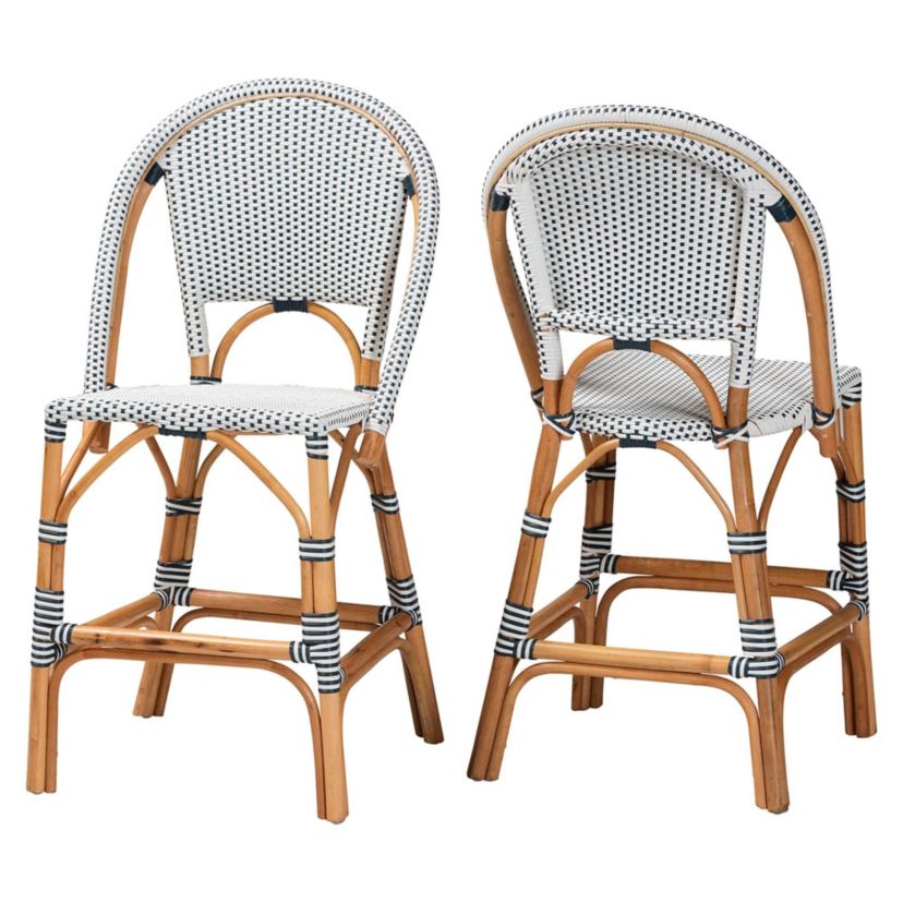 Genica Black and White Weaving and Natural Rattan 2-Piece Counter Stool Set