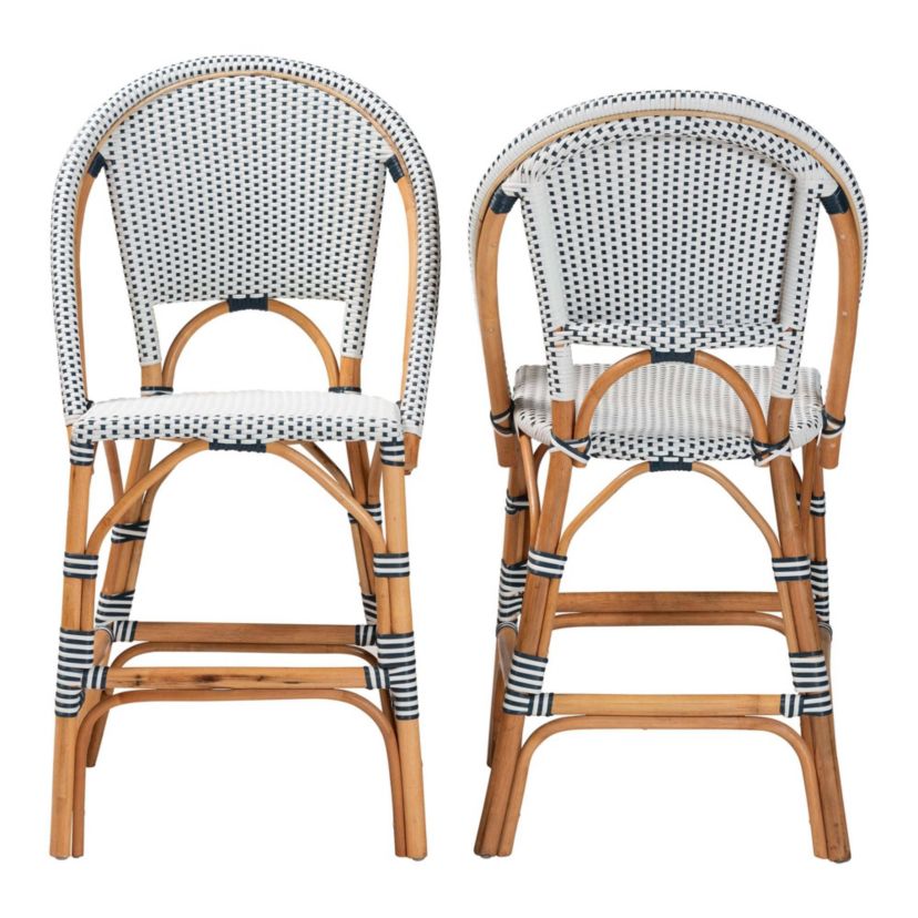 Genica Black and White Weaving and Natural Rattan 2-Piece Counter Stool Set