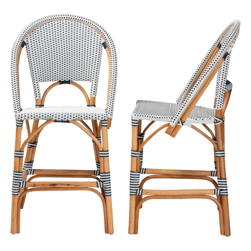 Genica Black and White Weaving and Natural Rattan 2-Piece Counter Stool Set