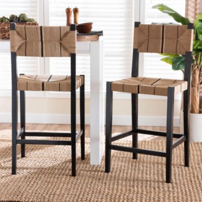 bali & pari Prita Paper Loom and Natural Mahogany Wood 2-Piece Bar Stool Set, Brown