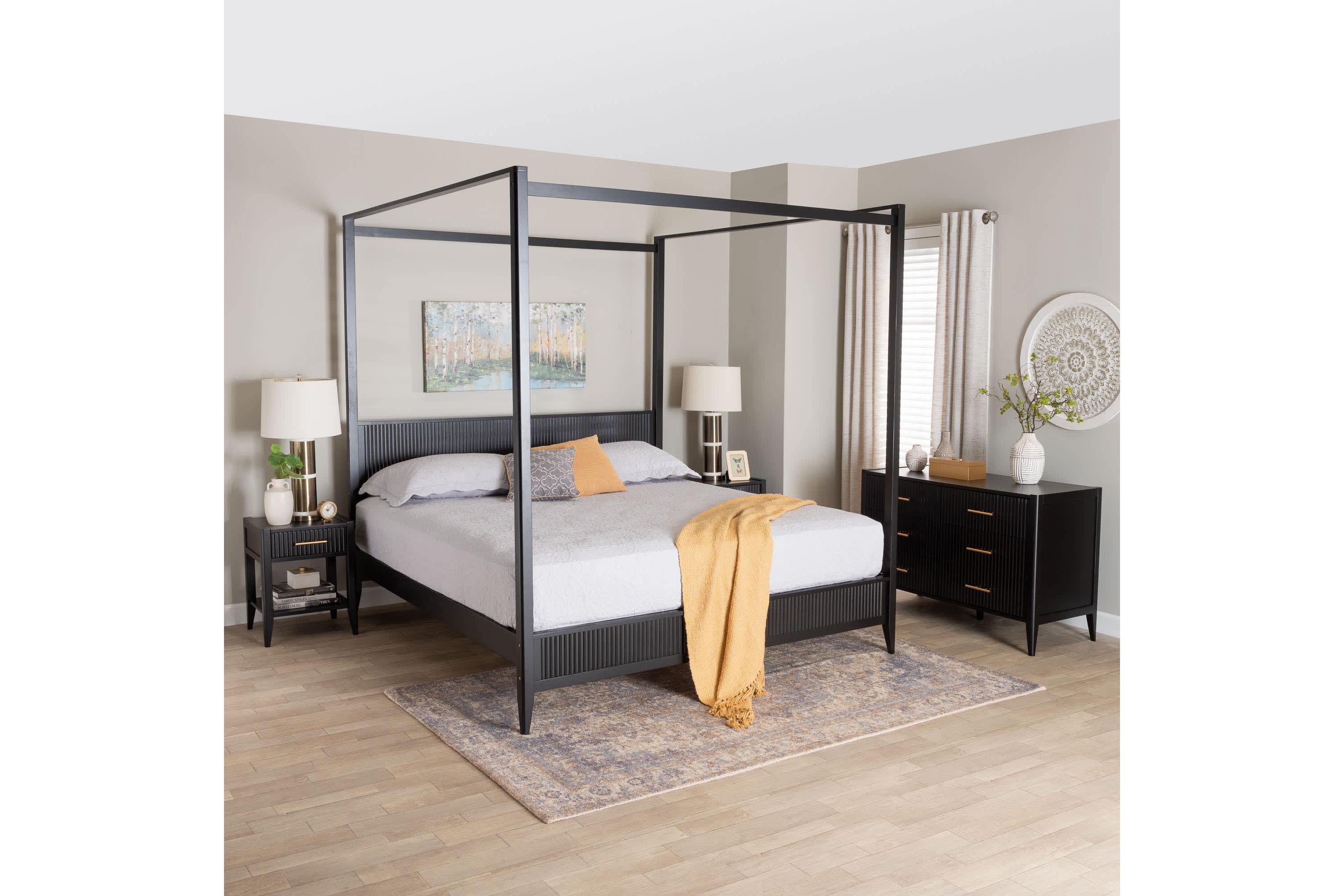 Primrose Black Fluted Wood King 4-Piece Canopy Bedroom Set