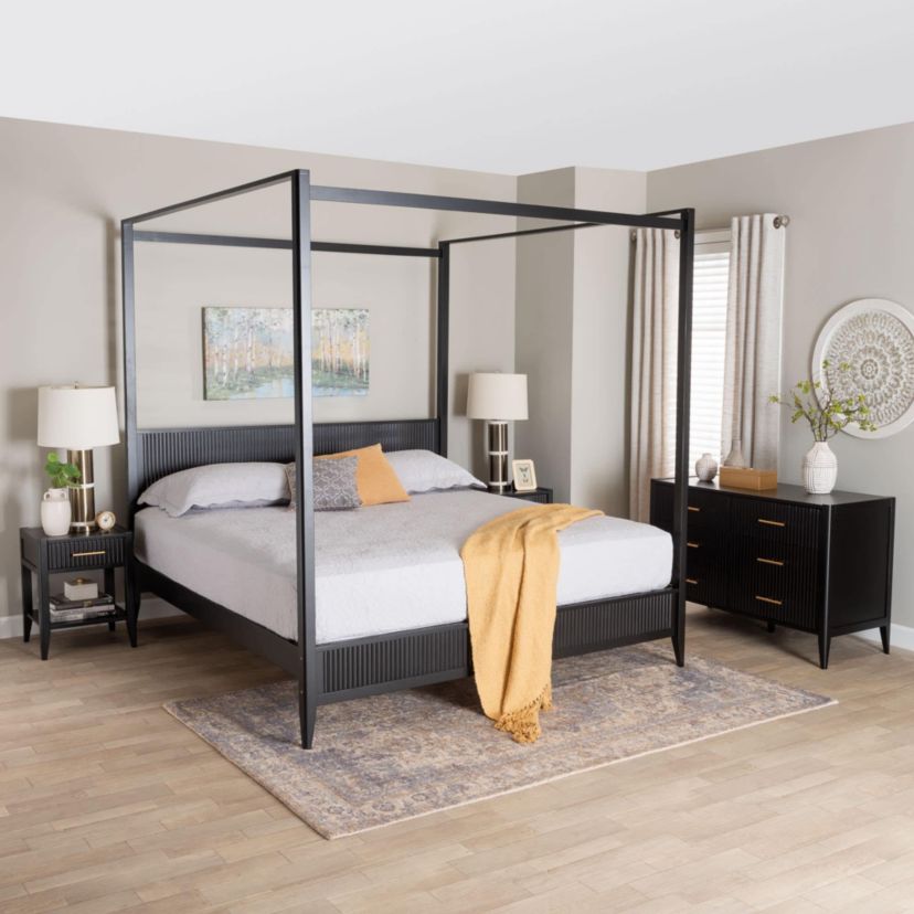 Primrose Black Fluted Wood King 4-Piece Canopy Bedroom Set