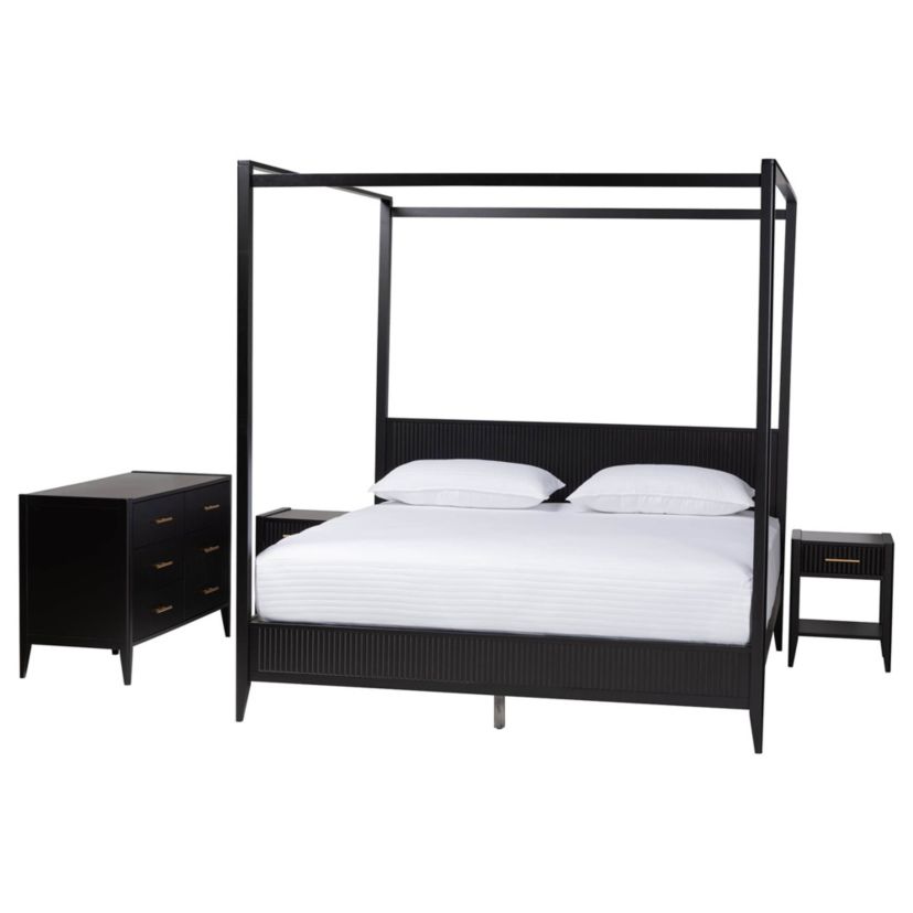 Primrose Black Fluted Wood King 4-Piece Canopy Bedroom Set