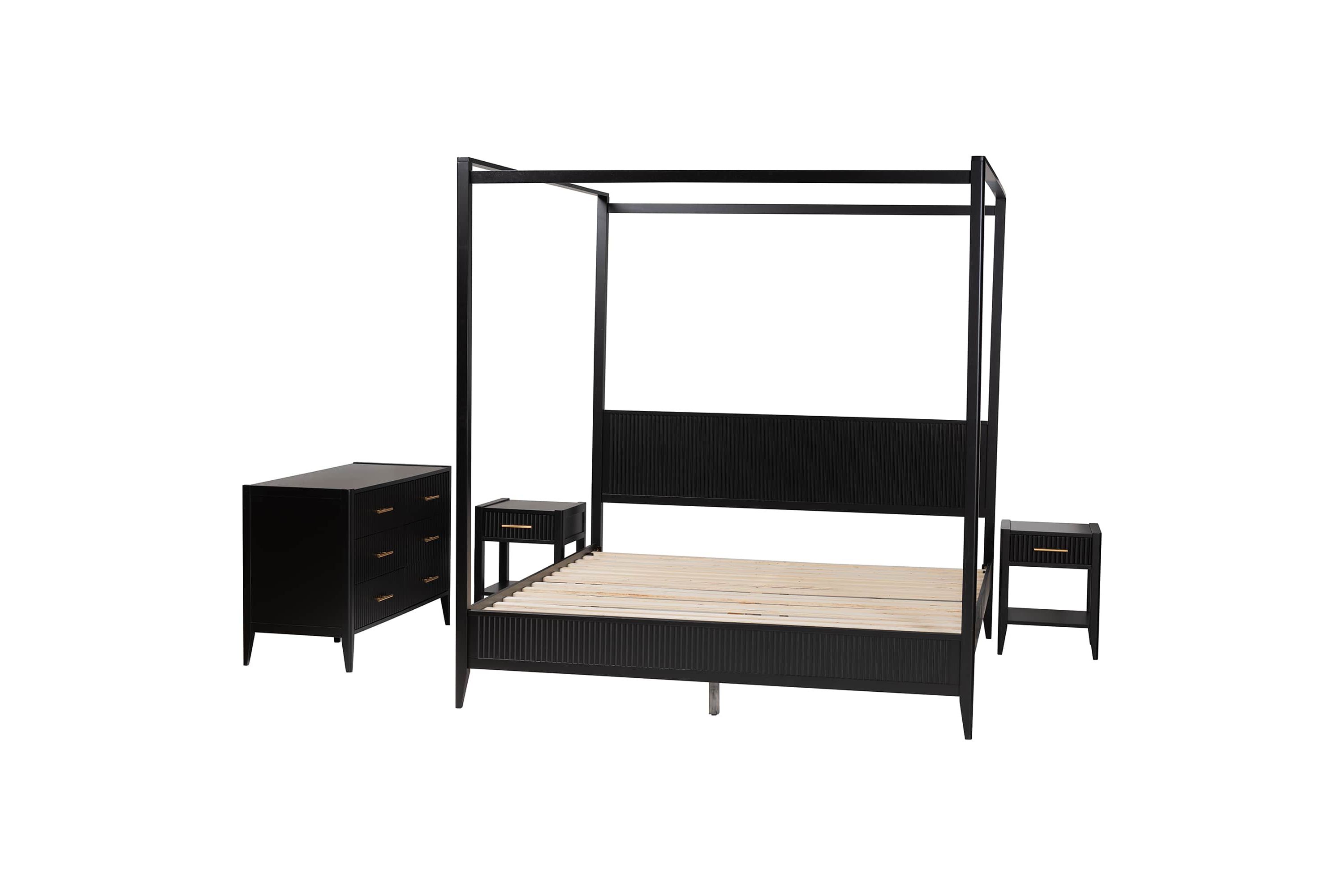 Primrose Black Fluted Wood King 4-Piece Canopy Bedroom Set