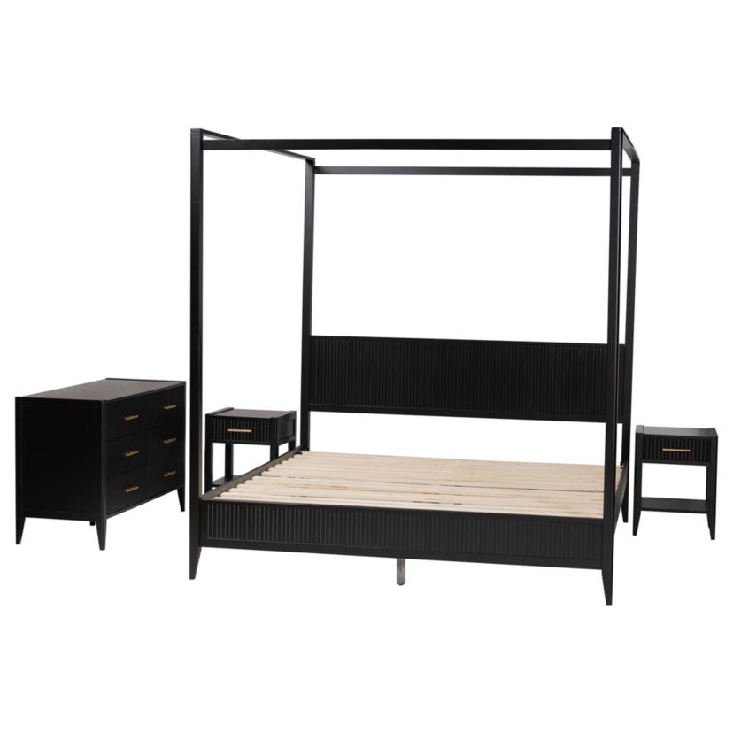 Primrose Black Fluted Wood King 4-Piece Canopy Bedroom Set